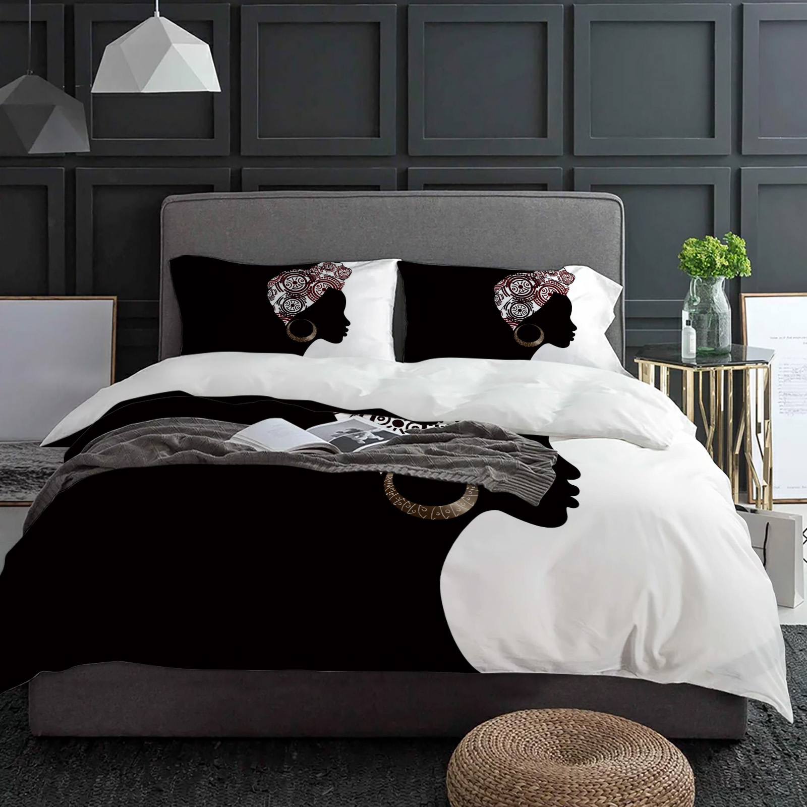 Home Textiles Bedding - Juego de cama negro y blanco